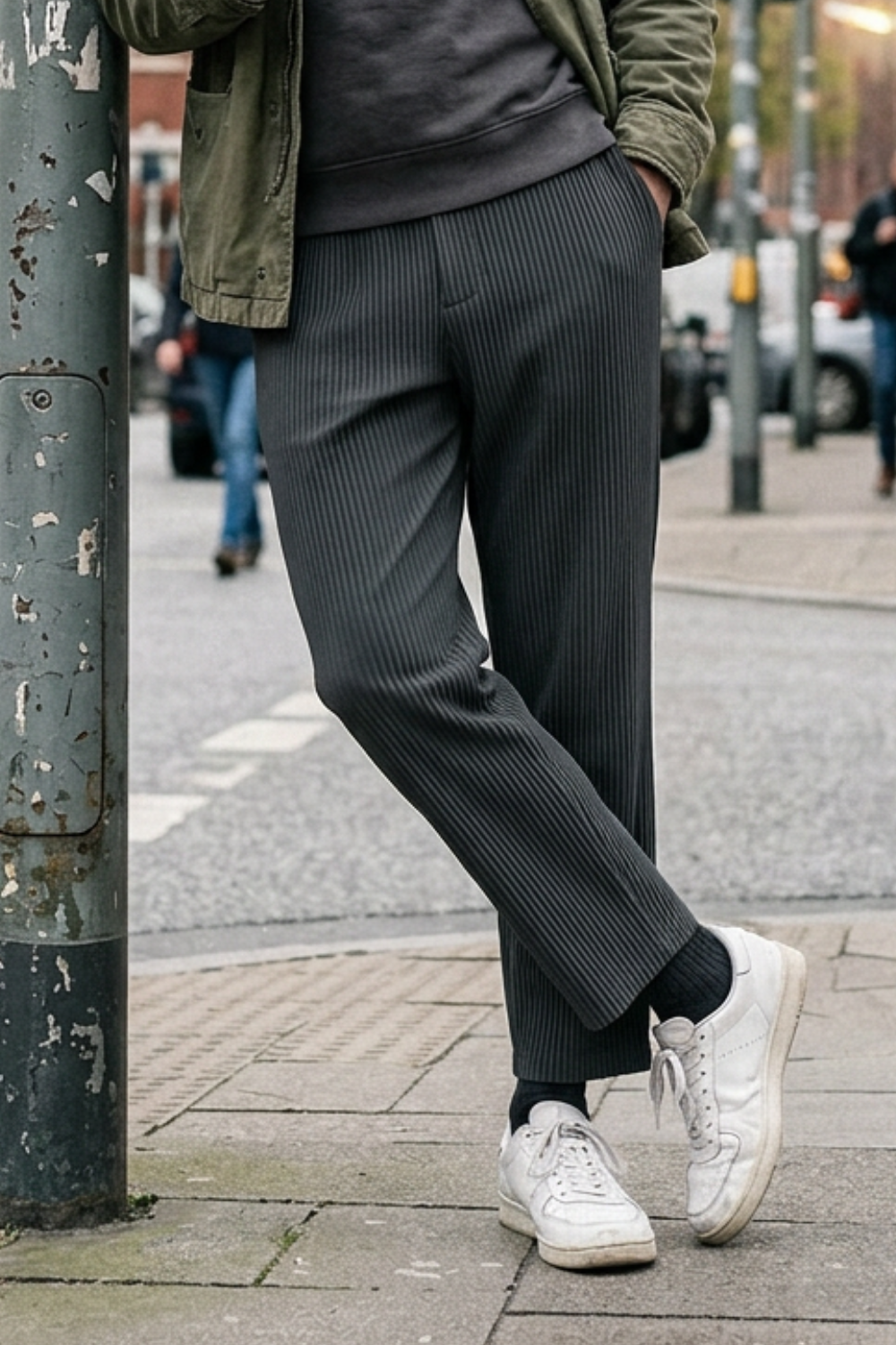 Men's Trousers with Elastic Waistband, Straight Cut, Ribbed