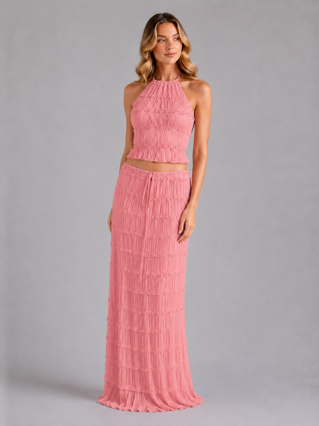 Ottoline | Women's Ruffle Textured Two-Piece Maxi Set
