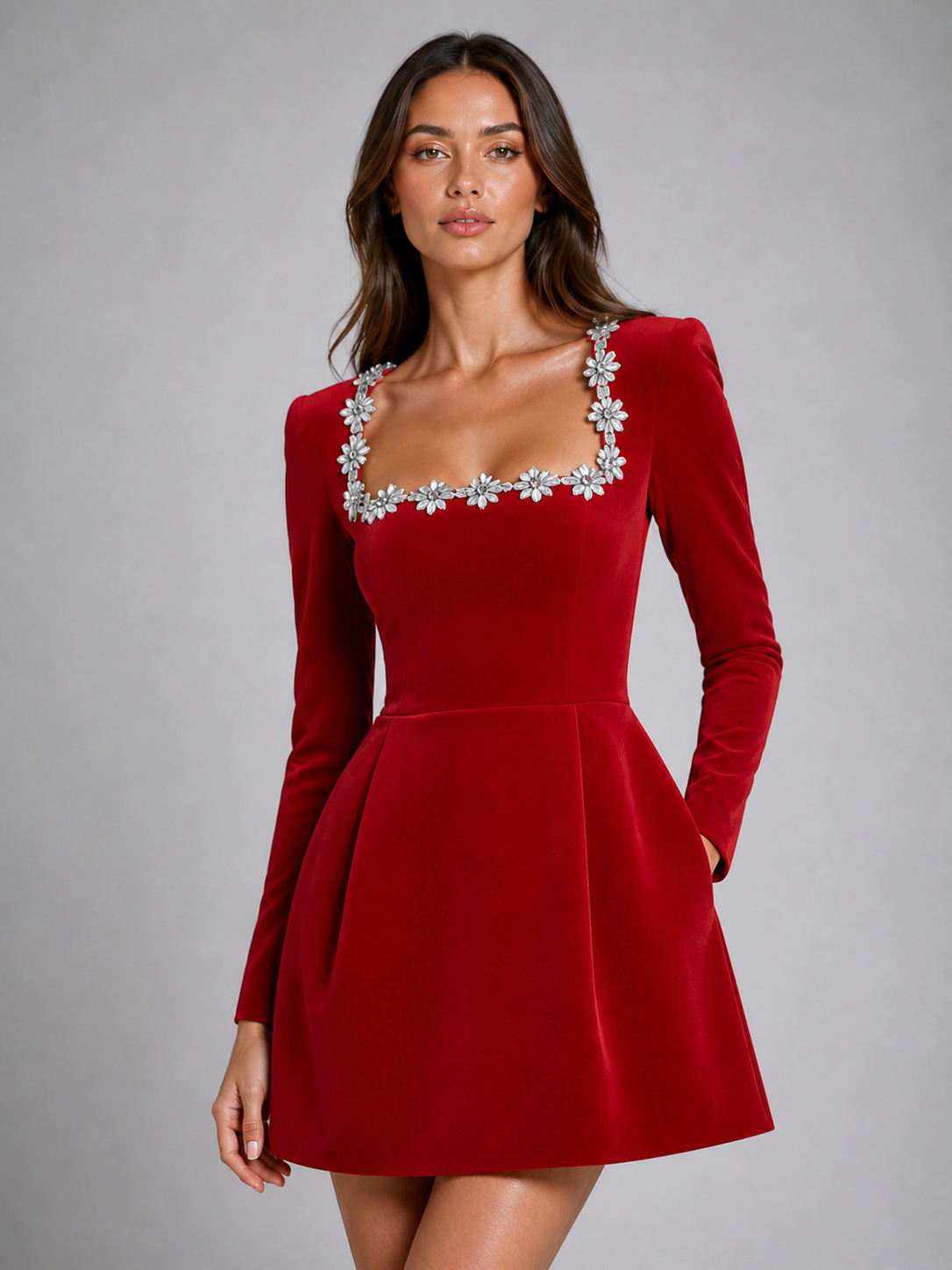 Camilla | Women's Velvet Crystal Neckline Mini Dress