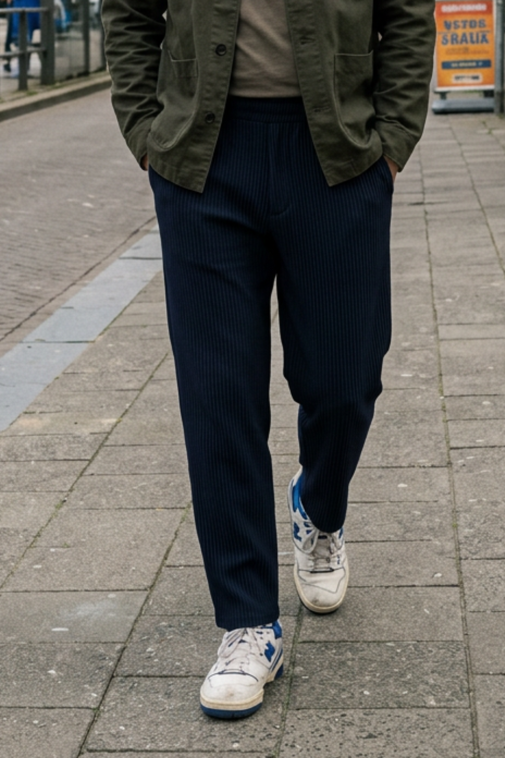 Men's Trousers with Elastic Waistband, Straight Cut, Ribbed