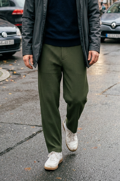 Men's Trousers with Elastic Waistband, Straight Cut, Ribbed