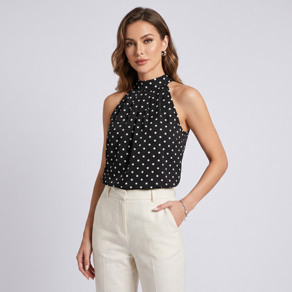 Black Polka Dot High Neck Sleeveless Top