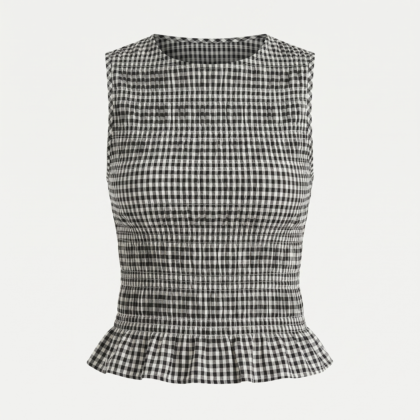 Black and White Shirred Gingham Ruffle Hem Top