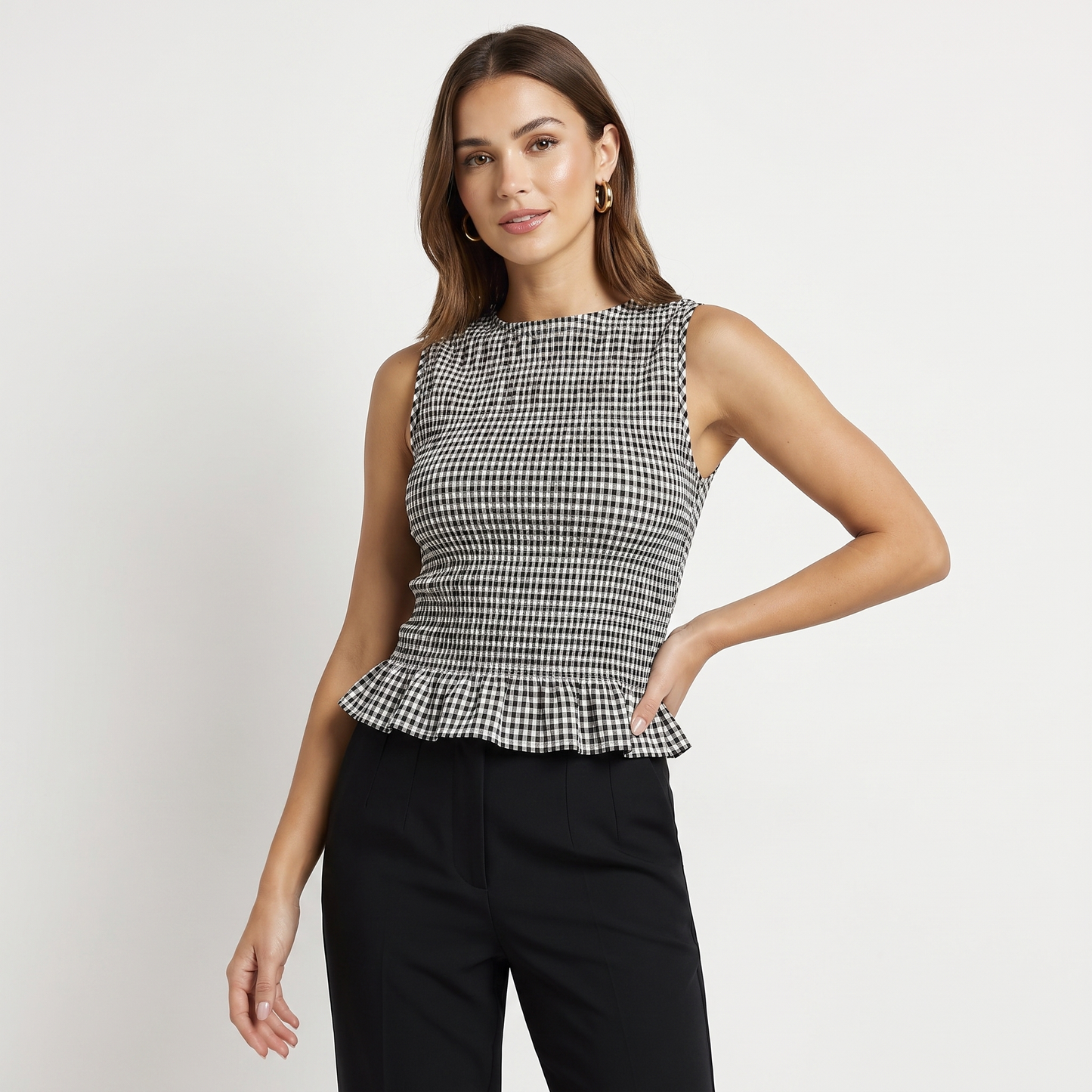 Black and White Shirred Gingham Ruffle Hem Top