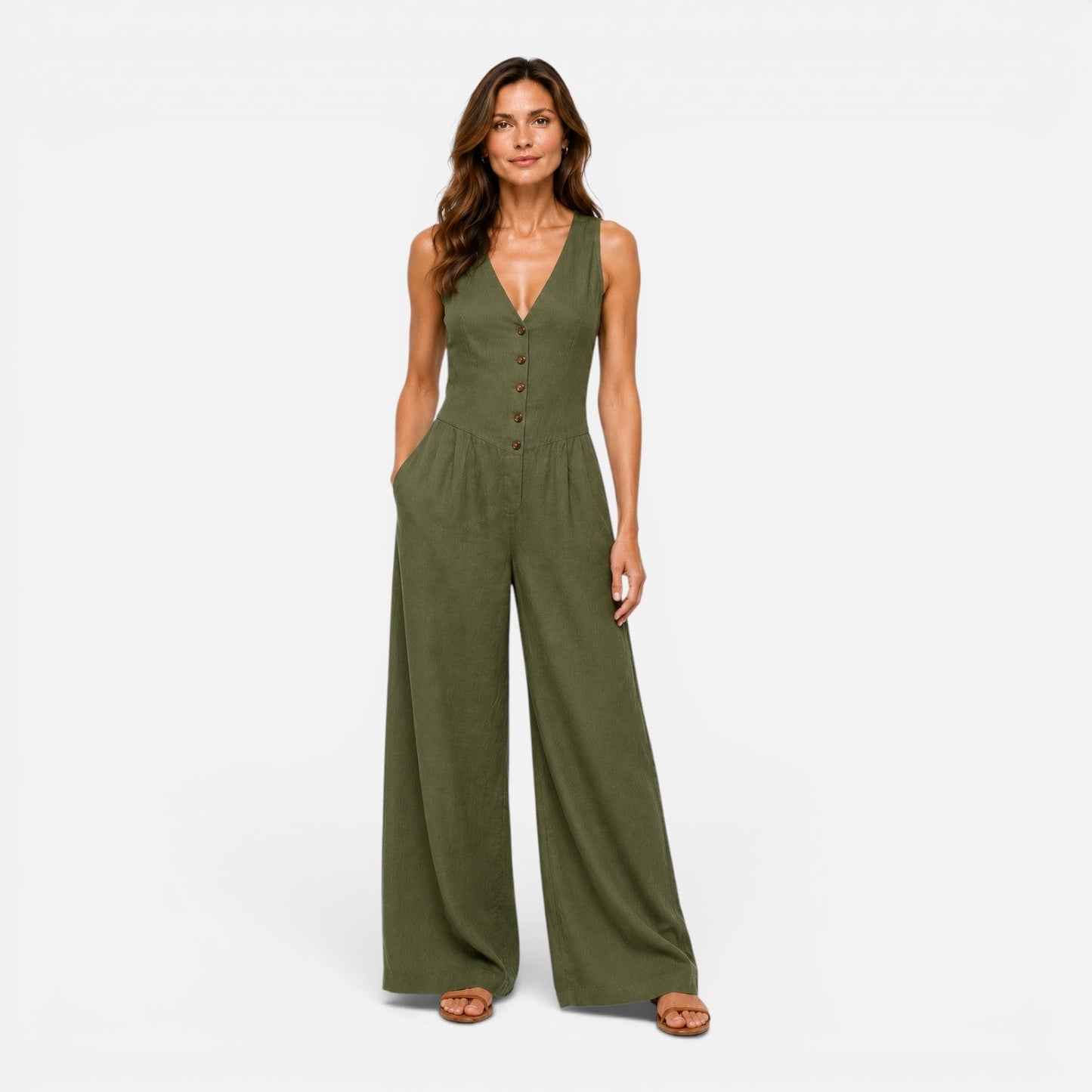 Maeve | Women's Button Detail Wide Leg Jumpsuit