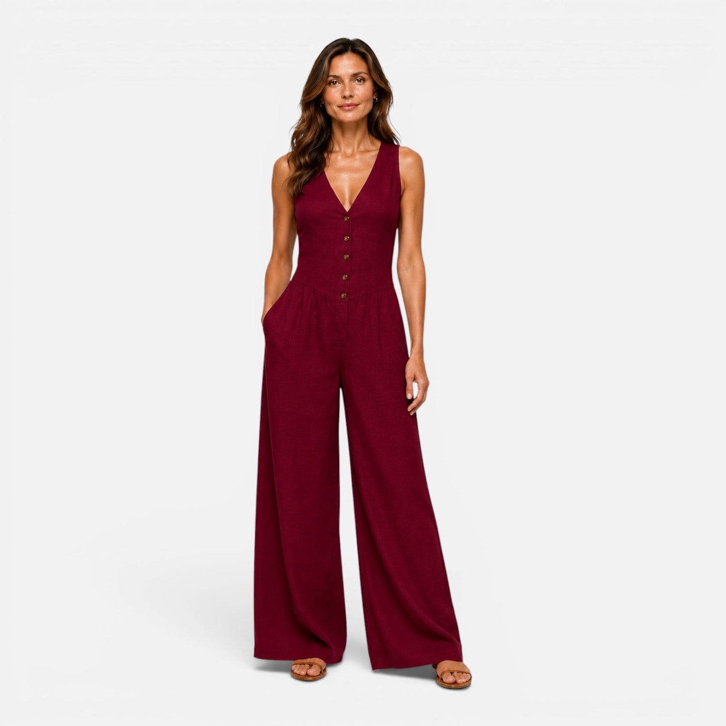 Maeve | Women's Button Detail Wide Leg Jumpsuit
