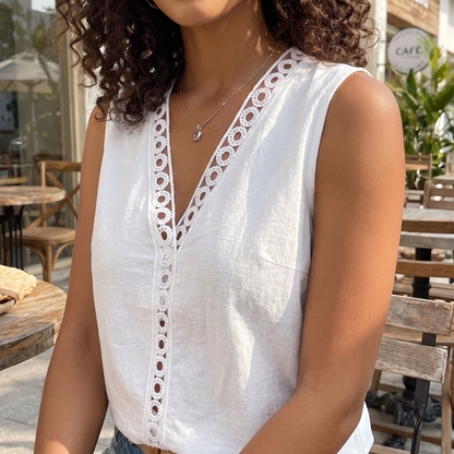 White Lace Trim V-Neck Sleeveless Top