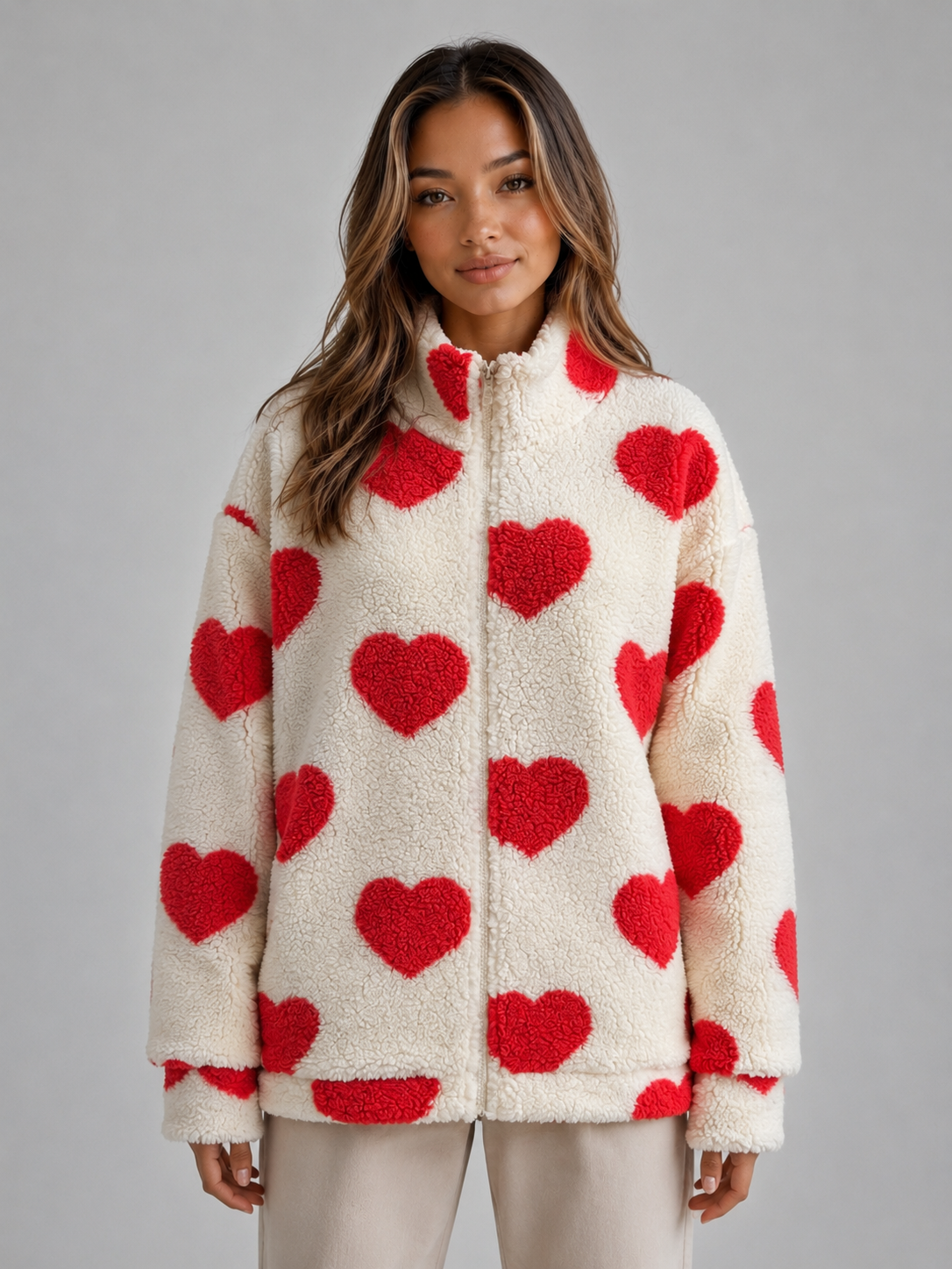 Vespera | Women's Heart Print Teddy Fleece Coat