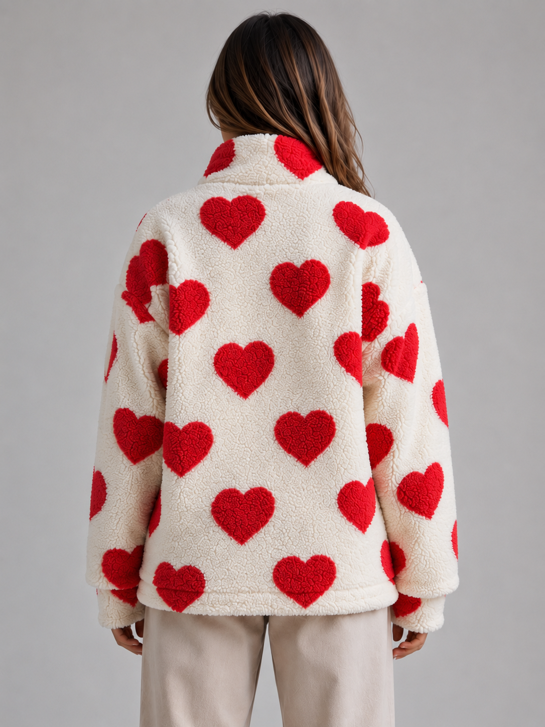 Vespera | Women's Heart Print Teddy Fleece Coat