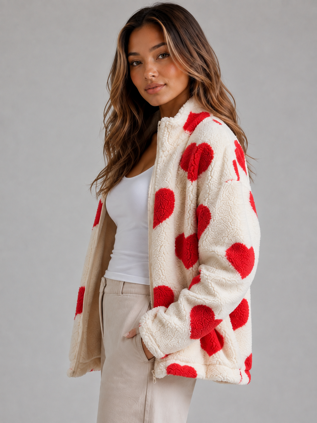Vespera | Women's Heart Print Teddy Fleece Coat