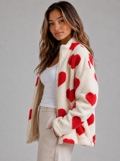 Vespera | Women's Heart Print Teddy Fleece Coat