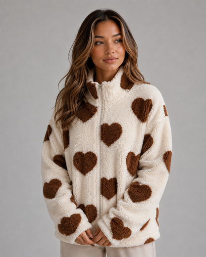 Vespera | Women's Heart Print Teddy Fleece Coat