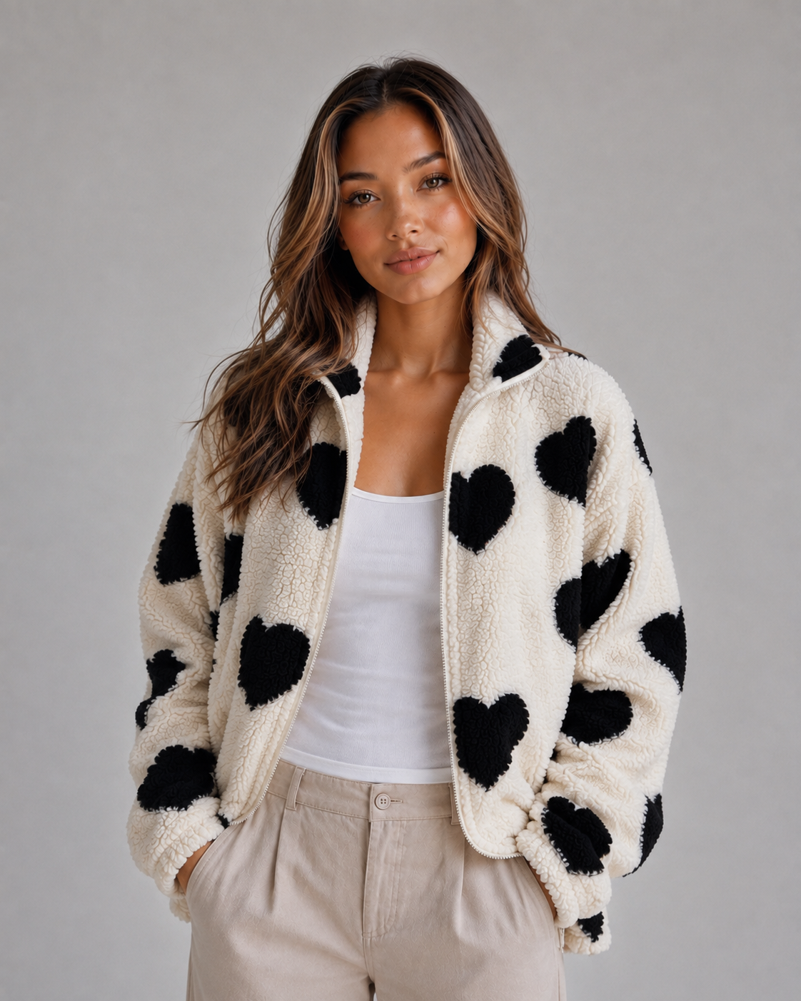 Vespera | Women's Heart Print Teddy Fleece Coat