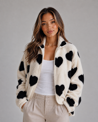 Vespera | Women's Heart Print Teddy Fleece Coat