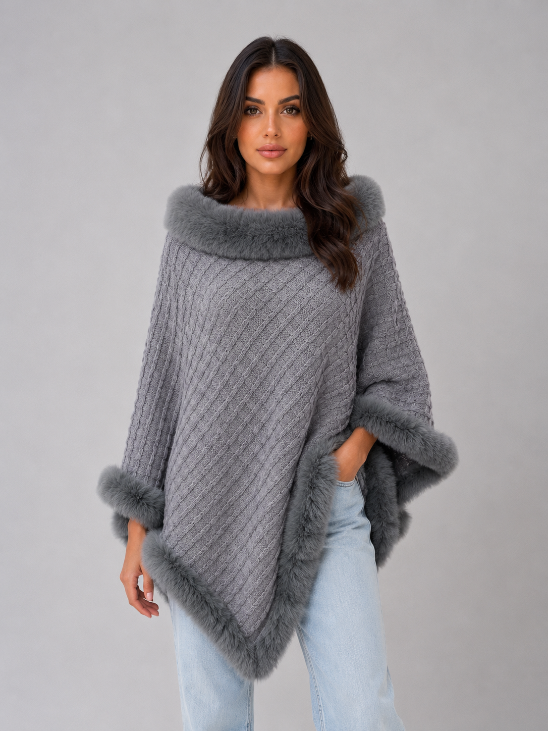 Cadence | Women's Faux Fur Trim Knitted Cape