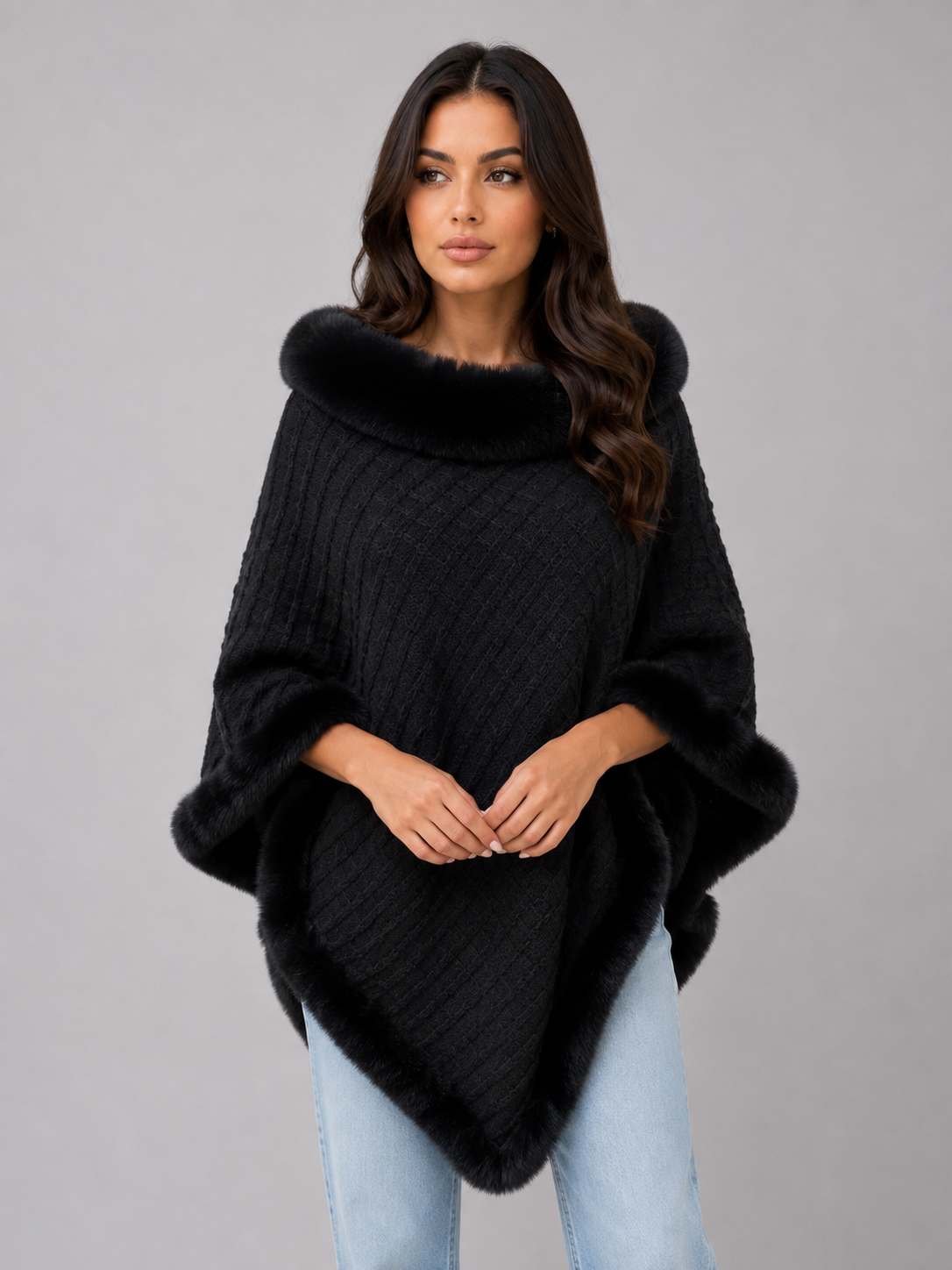 Cadence | Women's Faux Fur Trim Knitted Cape