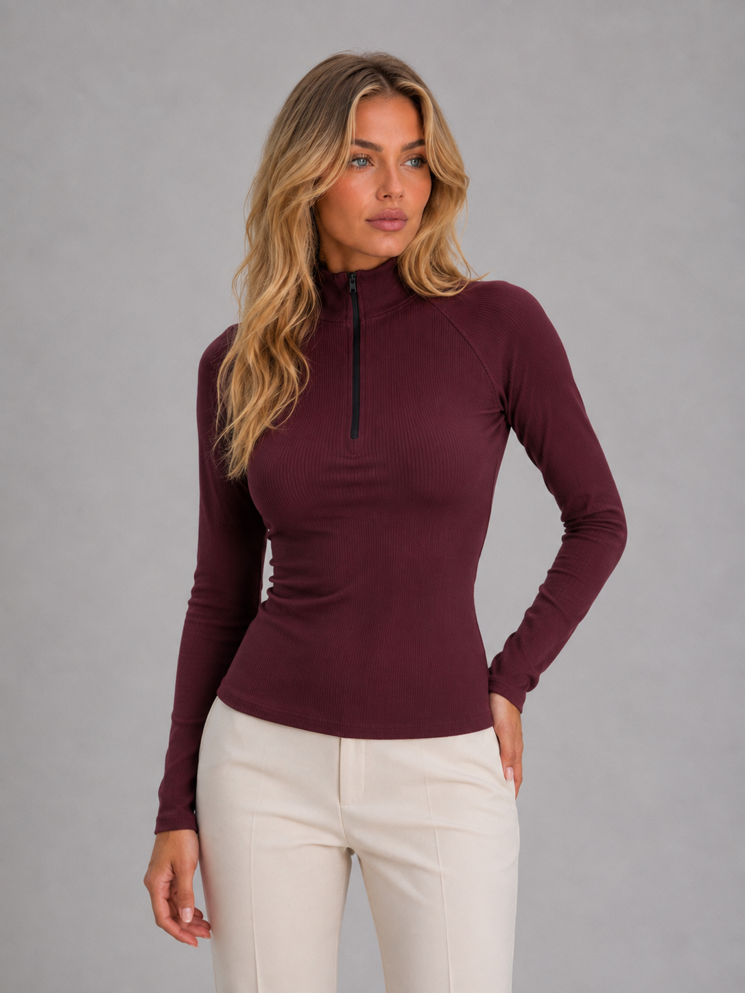 Diana | Women's Ribbed High-Neck Zip Top