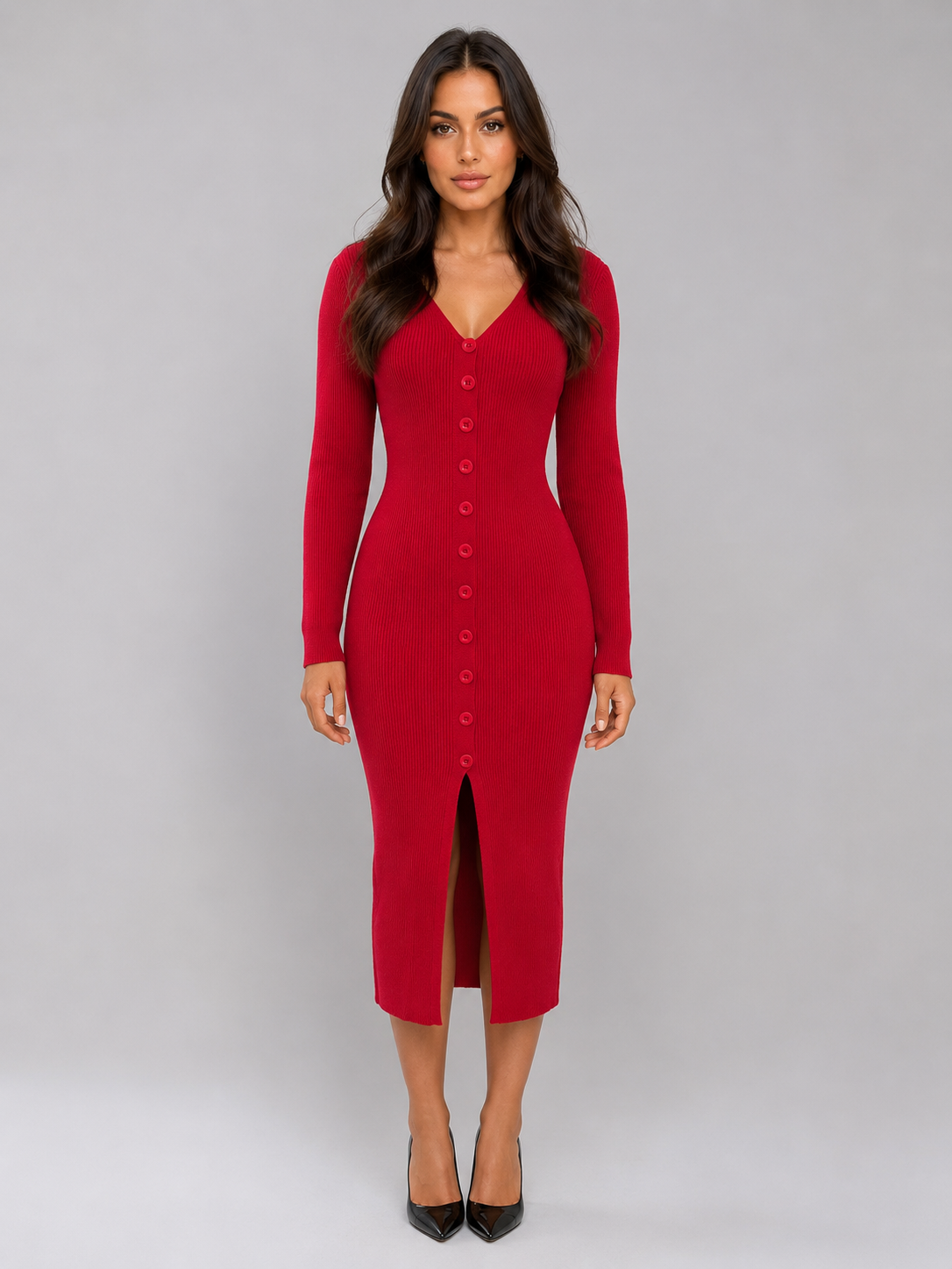 Basilia | Women's Ribbed Knit Button Front Midi Dress