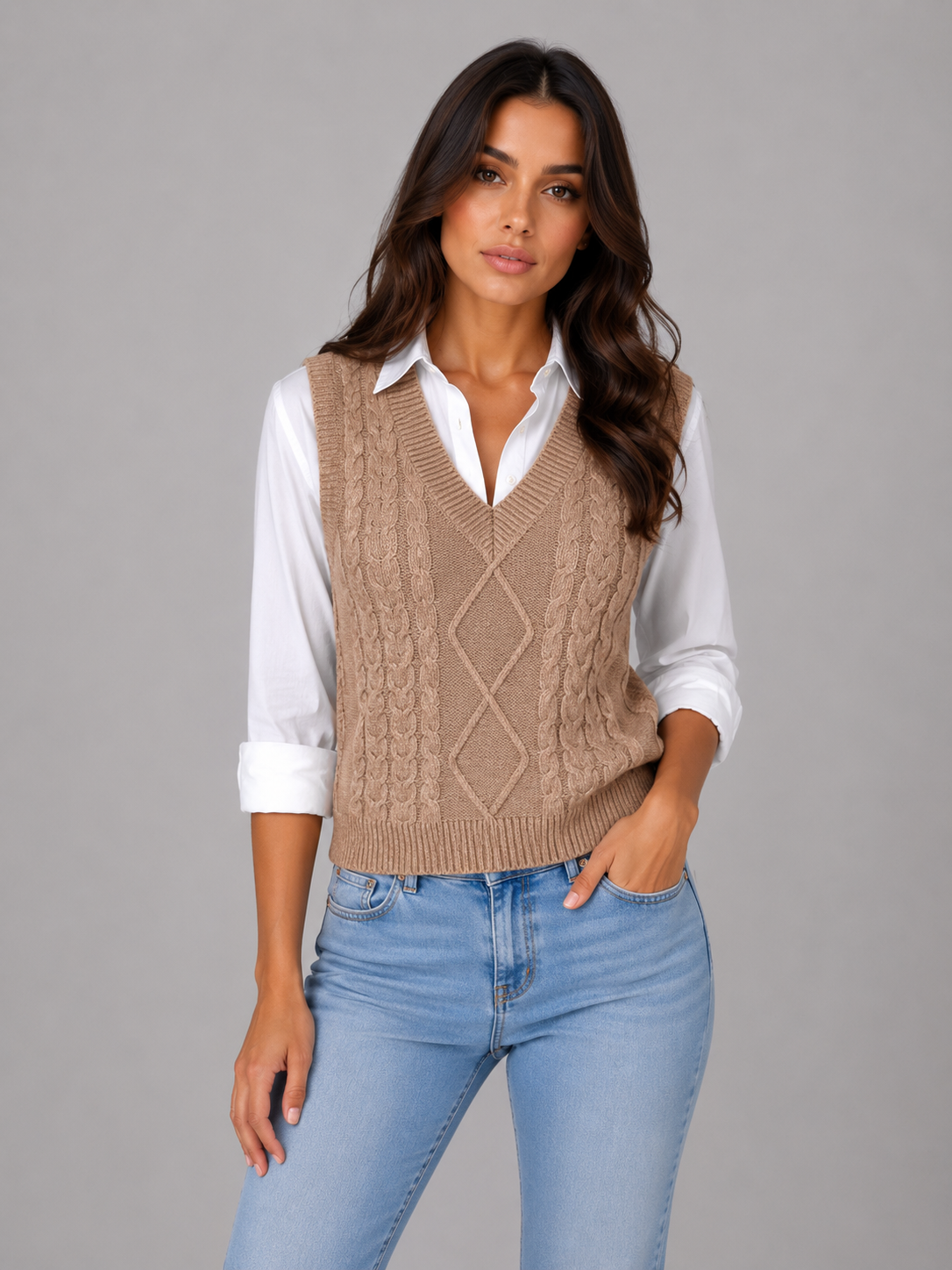Lucasta | Women's V-Neck Cable Knit Gilet