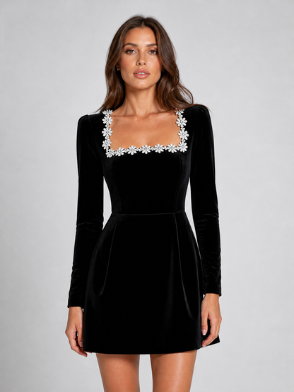 Camilla | Women's Velvet Crystal Neckline Mini Dress