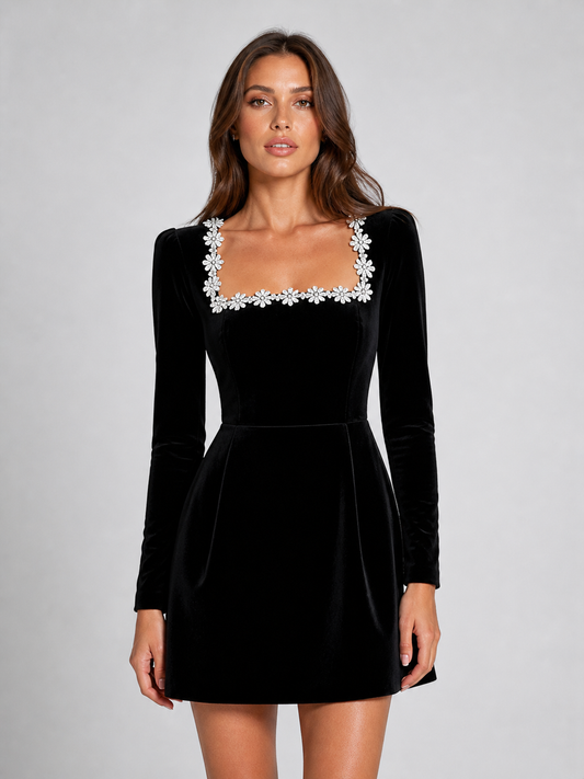 Camilla | Women's Velvet Crystal Neckline Mini Dress