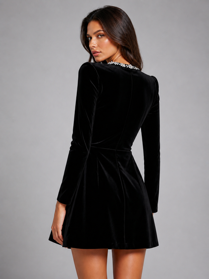 Camilla | Women's Velvet Crystal Neckline Mini Dress