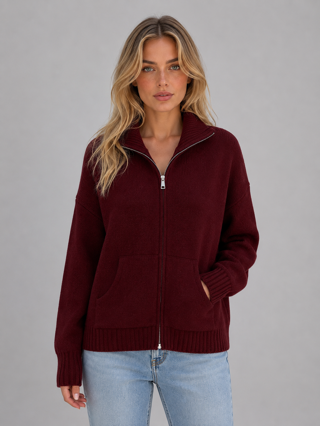 Nola | Women's Zip-Up Funnel Neck Knit Jacket